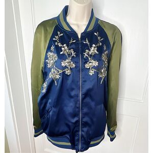 Groovy Monkey Satin Embroidered Bomber Jacket Medium